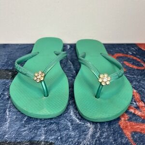 GUC Havaianas Slim Women's Size 6 Green Crystal Flower Charm Flip Flop Sandals